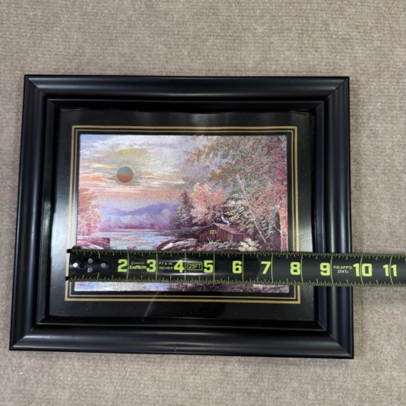 VTG Etched Foil Art Print Framed Outdoor Scene Cabin Woods Mountains Waterfall - Picture 5 of 7